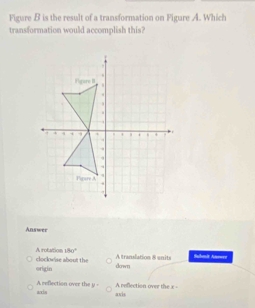 Figure B is the result of a transformation on Figure A. Which
transformation would accomplish this?
Answer
A rotation 180° Submit Answer
clockwise about the A translation 8 units
origin down
A reflection over the y - A reflection over the x -
axis axis