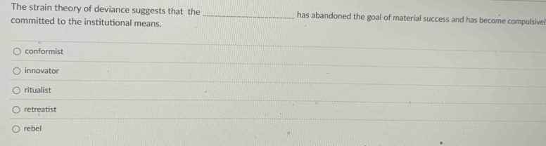 The strain theory of deviance suggests that the _has abandoned the goal of material success and has become compulsive
committed to the institutional means.
conformist
_
innovator
_
ritualist
retreatist
rebel