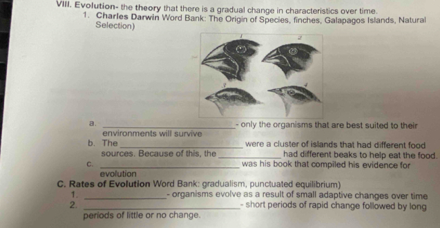 Evolution- the theory that there is a gradual change in characteristics over time. 
1. Charles Darwin Word Bank: The Origin of Species, finches, Galapagos Islands, Natural 
Selection) 
a. _- only the organisms that are best suited to their 
environments will survive 
b. The_ were a cluster of islands that had different food 
sources. Because of this, the _had different beaks to help eat the food. 
C. _was his book that compiled his evidence for 
evolution 
C. Rates of Evolution Word Bank: gradualism, punctuated equilibrium) 
1. _- organisms evolve as a result of small adaptive changes over time 
2. _- short periods of rapid change followed by long 
periods of little or no change.