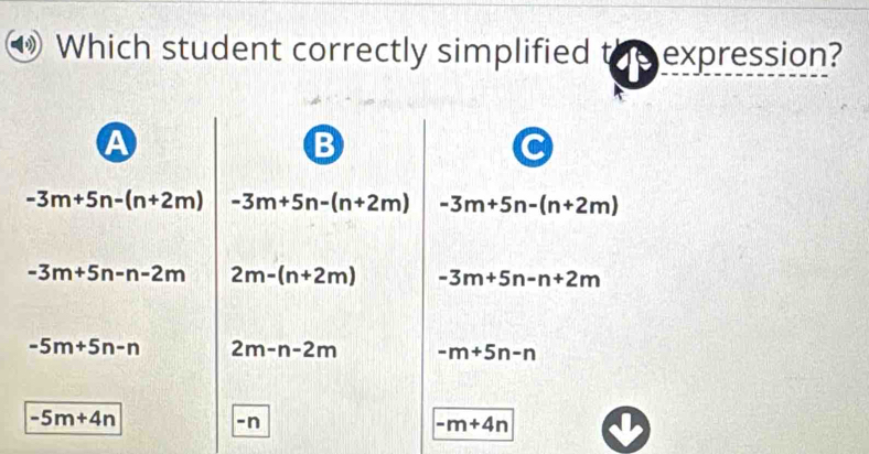 Which student correctly simplified the expression?
A
B
C
-3m+5n-(n+2m) -3m+5n-(n+2m) -3m+5n-(n+2m)
-3m+5n-n-2m 2m-(n+2m) -3m+5n-n+2m
-5m+5n-n 2m-n-2m -m+5n-n
-5m+4n
-n
-m+4n