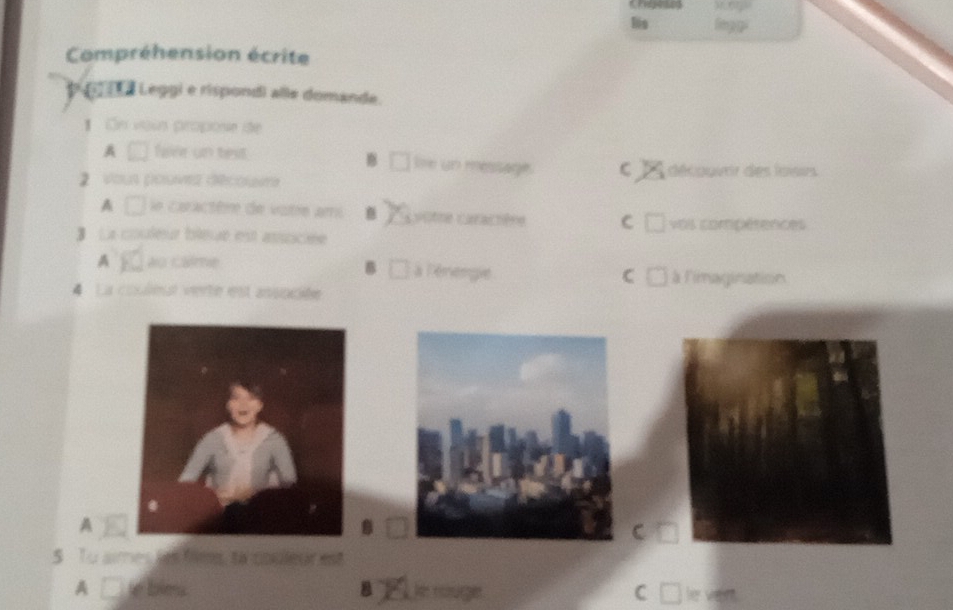 lis lìng p
Compréhension écrite
p Leggi e rispondi alle domande.
】 On voun propose de

A □  fave un text le un message. C découvir des loisirs
2 Vous pé déccaa
A^(-() e caractère de votre ami _caûtne caractière C vos compérences
】 La couleur bleue est associée
B
A a Came à lérergie à limagination
C
4 La coumat vierté est anspciée
A
.
C
5 To aimes tes films, to couleur est
A e bles. B le rouge C le ve e.