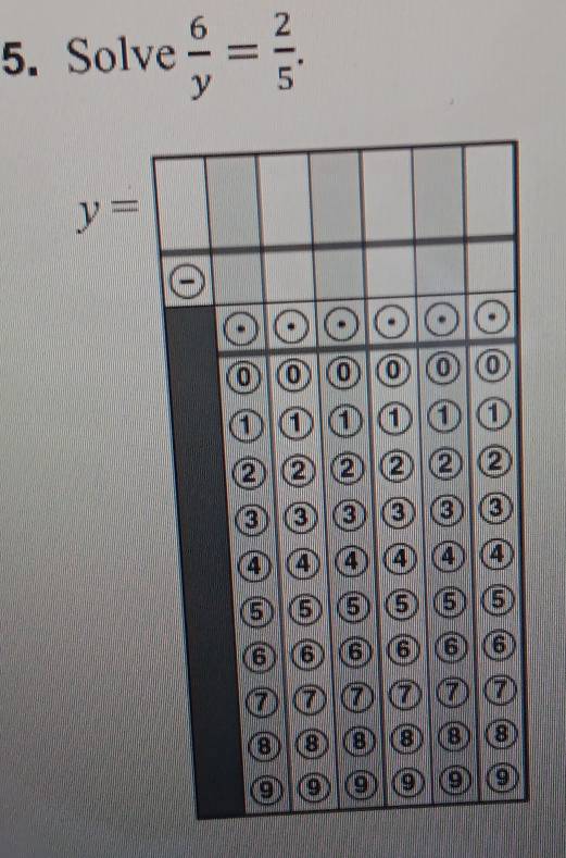 Solve  6/y = 2/5 .