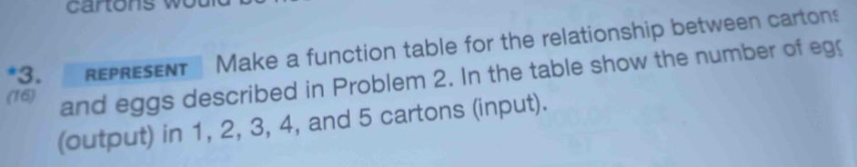 RPRESENT Make a function table for the relationship between cartons 
*3. and eggs described in Problem 2. In the table show the number of eg 
(16) 
(output) in 1, 2, 3, 4, and 5 cartons (input).