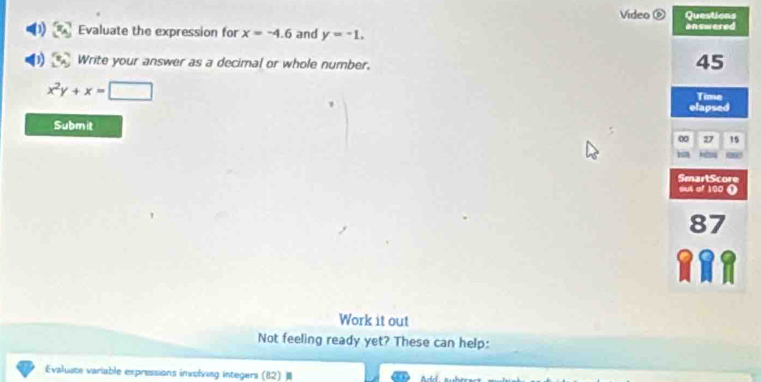 Video Questions 
Evaluate the expression for x=-4.6 and y=-1. 
Write your answer as a decimal or whole number.
x^2y+x=□
Submit 
Work it out 
Not feeling ready yet? These can help: 
Evaluate variable expressions involving integers (82)