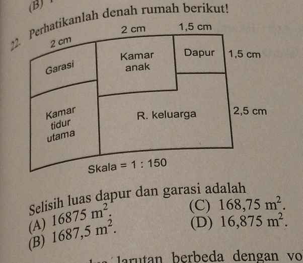 ah denah rumah berikut!
Selisih luas dapur dan garasi adalah
(A) 16875m^2.
(C) 168,75m^2.
(B) 1687,5m^2.
(D) 16,875m^2.
ru tan berbeda dengan vo