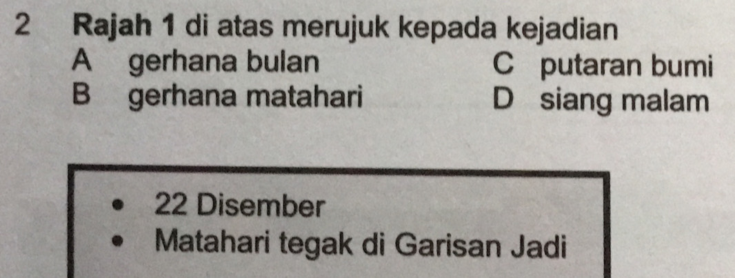 Rajah 1 di atas merujuk kepada kejadian
A gerhana bulan C putaran bumi
B gerhana matahari D siang malam
22 Disember
Matahari tegak di Garisan Jadi