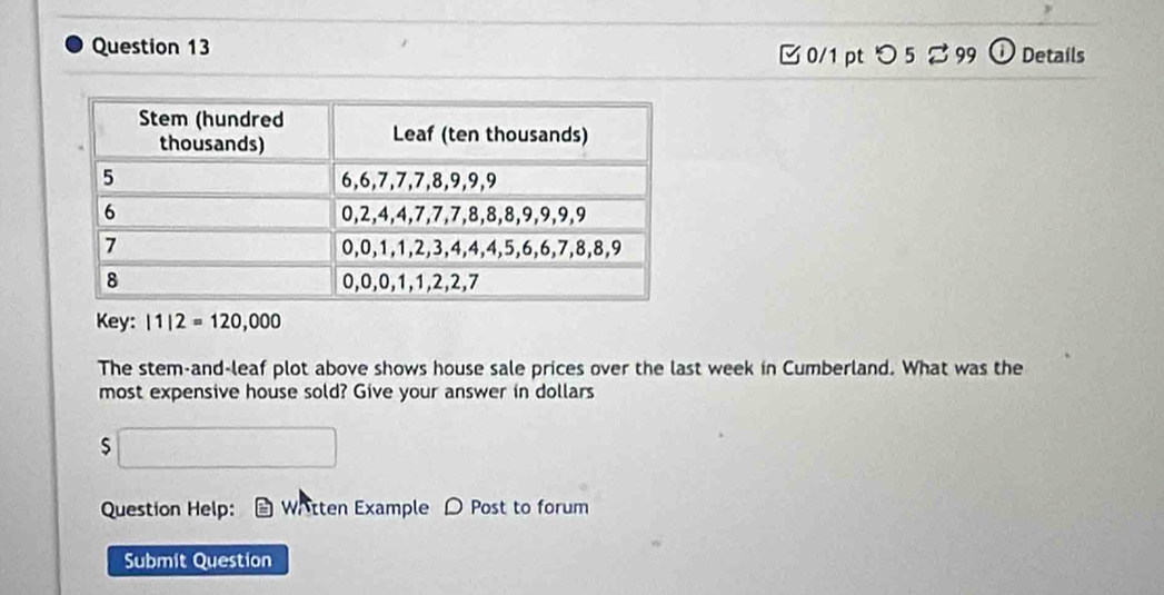 ① Details 
□0/1 pt つ 5 % 99 
Key: |1|2=120,000
The stem-and-leaf plot above shows house sale prices over the last week in Cumberland. What was the 
most expensive house sold? Give your answer in dollars
f(-1)=-1
Question Help: Wiitten Example D Post to forum 
Submit Question