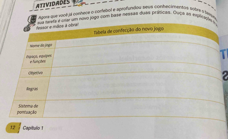 ATIVIDADES 
Agora que você já conhece o corfebol e aprofundou seus conhecimentos sobre o basque 
criar um novo jogo com base nessas duas práticas. Ouça as explicações 
12 Capítulo 1