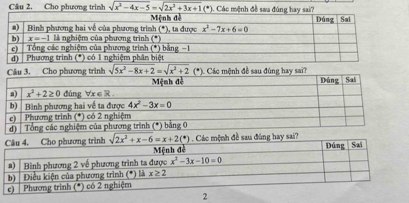 Cho phương trình sqrt(x^2-4x-5)=sqrt(2x^2+3x+1)(*). Các mệnh đề sau đúng hay sai?
sqrt(5x^2-8x+2)=sqrt(x^2+2)(