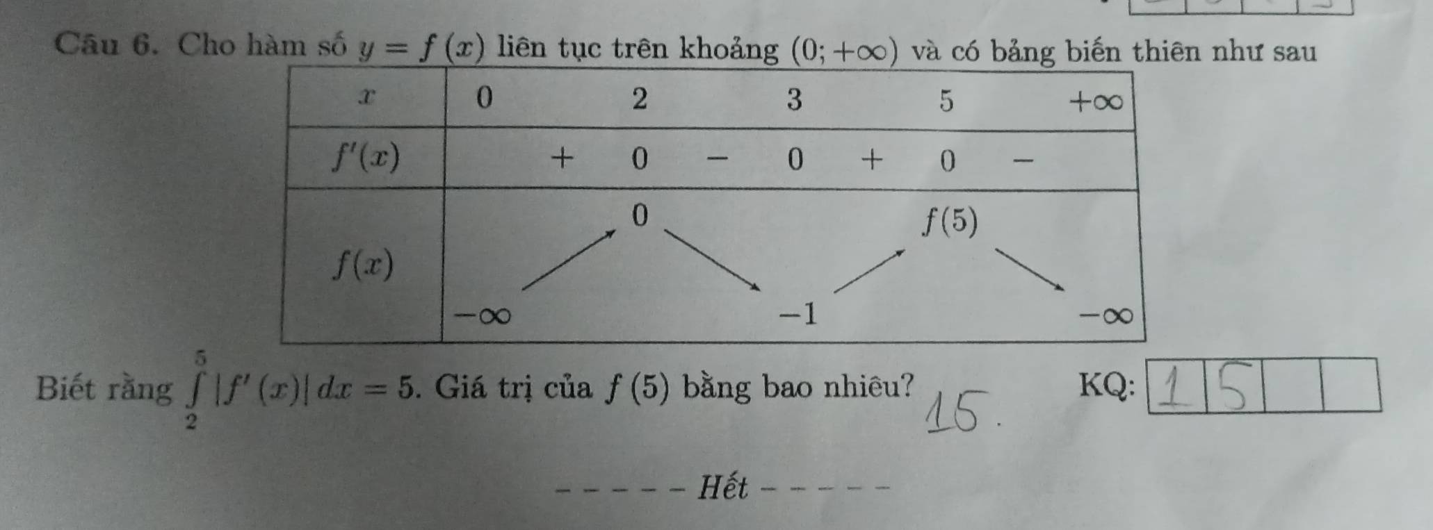 Cho hàm số y=f(x) liên tục trên khoảng (0;+∈fty ) và có bảng biến thiên như sau
Biết rằng ∈tlimits _2^5|f'(x)|dx=5.. Giá trị của f(5) bằng bao nhiêu? KQ:
Hết