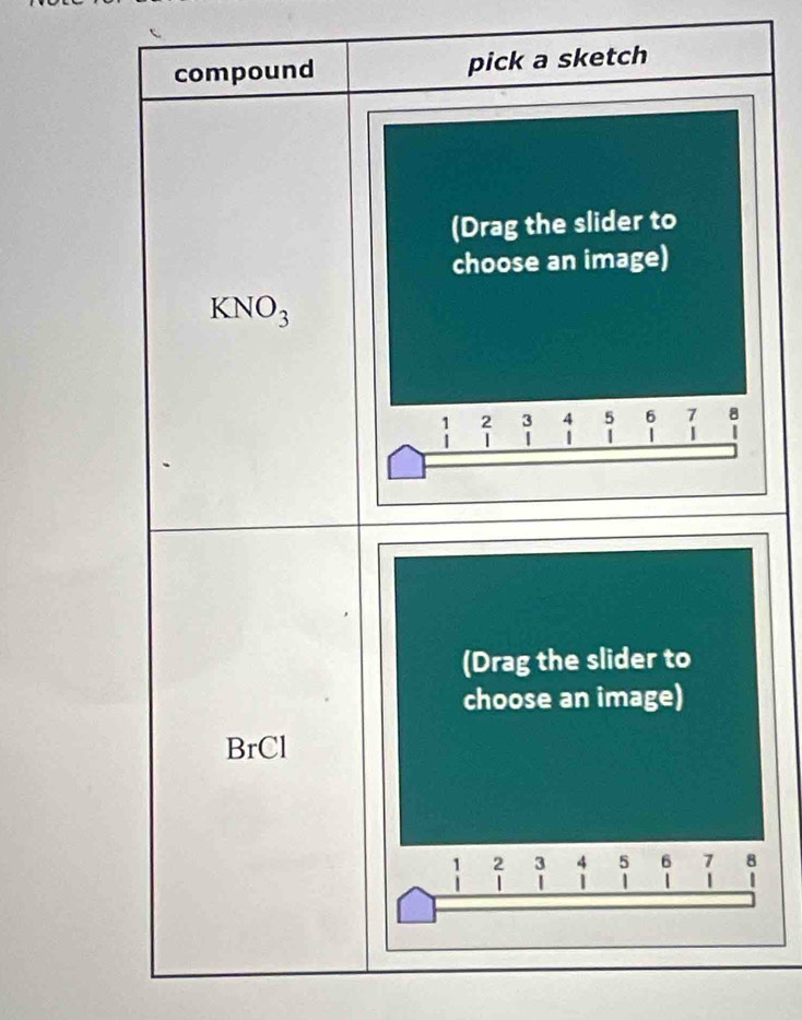 compound pick a sketch 
(Drag the slider to 
choose an image)
KNO_3
2 . 5 6 8
| 1 | 
(Drag the slider to 
choose an image) 
BrCl
1 2 3 4 5 6 7 8
| | | | | 1