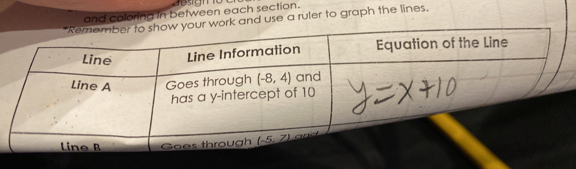 and coloring in between each section.
and use a ruler to graph the lines.