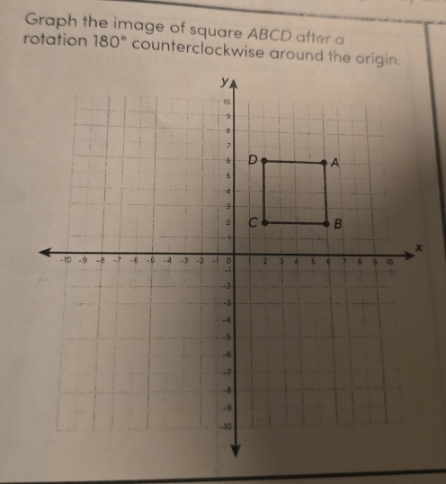 Graph the image of square ABCD after a 
rotation 180° counterclockwise around the origin.