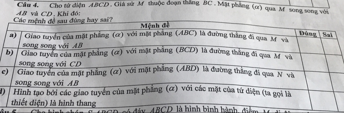 Cho tứ diện ABCD. Giả sử M thuộc đoạn thăng BC. Mặt phẳng (α) qua M song song với
AB và CD. Khi đó:
c
1) 
4 đáy ABCD là hình bình hành điểm