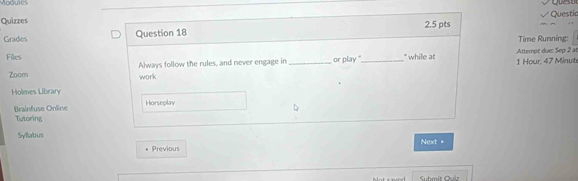 Modules 
Questia 
Quizzes 
Grades Time Running: 
FilesAttempt due: Sep 2 at
1 Hour, 47 Minut
Zoom 
Holmes Library 
Brainfuse Online 
Tutoring 
Syllabus 
Previous Next 
Submit Ouiz