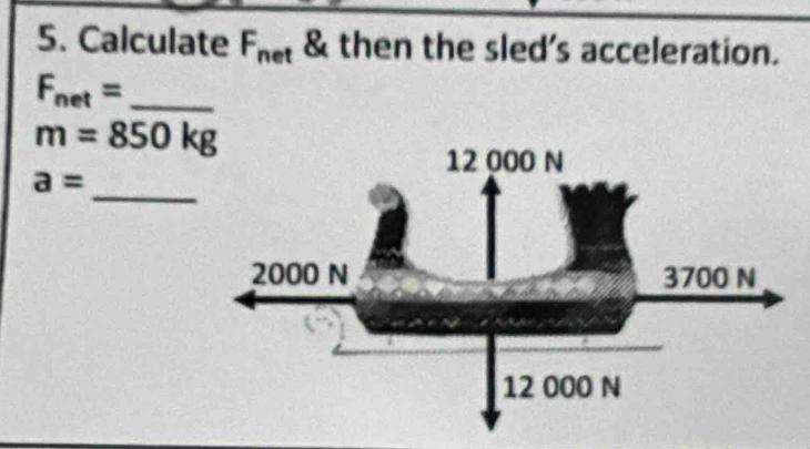 Calculate F_net & then the sled's acceleration.
F_net= _ 
m=850kg
_
a=