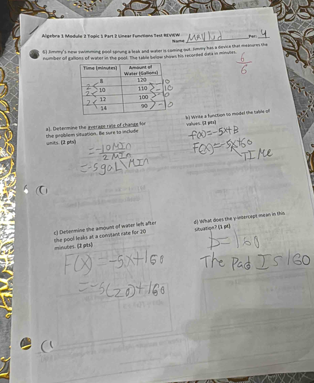 Algebra 1 Module 2 Topic 1 Part 2 Linear Functions Test REVIEW Per:_ 
Name 
_ 
6) Jimmy’s new swimming pool sprung a leak and water is coming out. Jimmy has a device that measures the 
number of gallons of water in the pool. The table below shows his recorded data in minutes. 
b) Write a function to model the table of 
a). Determine the average rate of change for 
the problem situation. Be sure to include values. (2 pts) 
units. (2 pts) 
d) What does the y-intercept mean in this 
c) Determine the amount of water left after 
the pool leaks at a constant rate for 20 situation? (1 pt)
minutes. (2 pts)