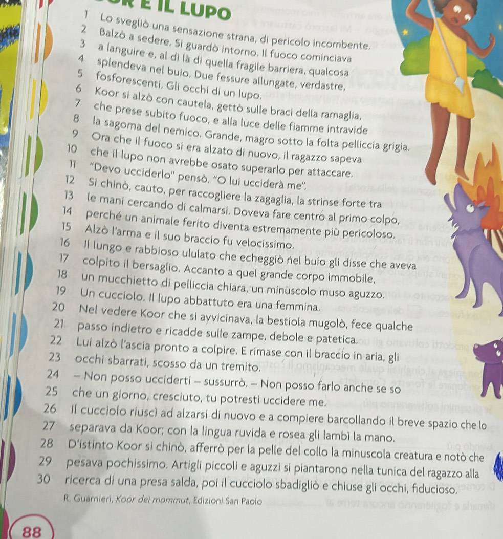 É IL Lupo
1 Lo svegliò una sensazione strana, di perícolo incombente.
2 Balzò a sedere. Si guardò intorno. Il fuoco cominciava
3  a languire e, al di là di quella fragile barriera, qualcosa
4 splendeva nel buio. Due fessure allungate, verdastre,
5 fosforescenti. Gli occhi di un lupo.
6 Koor si alzò con cautela, gettò sulle braci della ramaglia,
7 che prese subito fuoco, e alla luce delle fiamme intravide
8 la sagoma del nemico. Grande, magro sotto la folta pelliccia grigia.
9 Ora che il fuoco si era alzato di nuovo, il ragazzo sapeva
10 che il lupo non avrebbe osato superarlo per attaccare.
11 “Devo ucciderlo'' pensò, ''O lui ucciderà me”.
12 Si chinò, cauto, per raccogliere la zagaglia, la strinse forte tra
13 le mani cercando di calmarsi, Doveva fare centró al primo colpo,
14 perché un animale ferito diventa estremamente più pericoloso.
15 Alzò l'arma e il suo braccio fu velocissimo.
16 Il lungo e rabbioso ululato che echeggiò nel buio gli disse che aveva
17 colpito il bersaglio. Accanto a quel grande corpo immobile,
18 un mucchietto di pelliccia chiara, un minüscolo muso aguzzo.
19 Un cucciolo. Il lupo abbattuto era una femmina.
20 Nel vedere Koor che si ayvicinava, la bestiola mugolò, fece qualche
21 passo indietro e ricadde sulle zampe, debole e patetica.
22 Lui alzò l'ascia pronto a colpire. E rimase con il braccio in aria, gli
23 occhi sbarrati, scosso da un tremito.
24 - Non posso ucciderti - sussurrò. - Non posso farlo anche se so
25 che un giorno, cresciuto, tu potresti uccidere me.
26 Il cucciolo riuscì ad alzarsi di nuovo e a compiere barcollando il breve spazio che lo
27 separava da Koor; con la lingua ruvida e rosea gli lambì la mano.
28 D'istinto Koor si chinò, afferrò per la pelle del collo la minuscola creatura e notò che
29 pesava pochissimo. Artigli piccoli e aguzzi si piantarono nella tunica del ragazzo alla
30 ricerca di una presa salda, poi il cucciolo sbadigliò e chiuse gli occhi, fiducioso.
R. Guarnieri, Koor dei mammut, Edizioni San Paolo
88