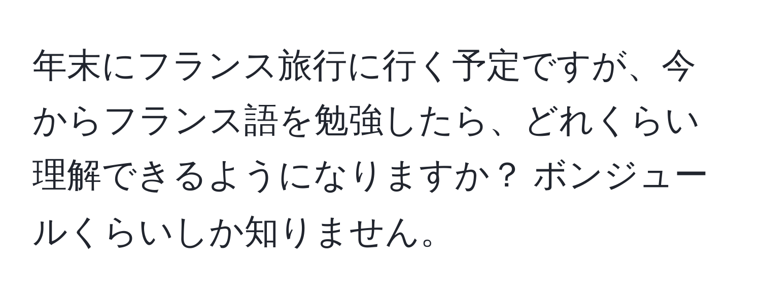 年末にフランス旅行に行く予定ですが、今からフランス語を勉強したら、どれくらい理解できるようになりますか？ ボンジュールくらいしか知りません。