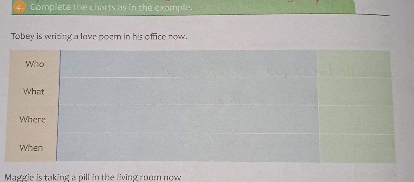 Complete the charts as in the example. 
Tobey is writing a love poem in his office now. 
Maggie is taking a pill in the living room now