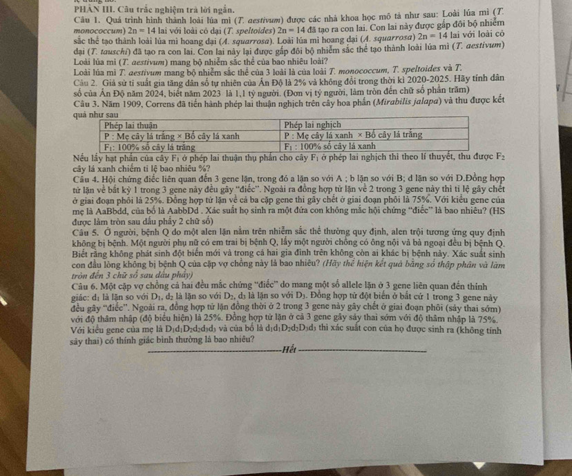 PHẢN III. Câu trắc nghiệm trà lời ngắn.
Câu 1. Quá trình hình thành loài lúa mì (T. aestivum) được các nhà khoa học mô tả như sau: Loài lúa mì (T.
monococcum) 2n=14 lai với loài cỏ dại (T. speltoides) 2n=14 đã tạo ra con lai. Con lai này được gắp đôi bộ nhiễm
sắc thể tạo thành loài lúa mì hoang dại (A. squarrosa). Loài lúa mì hoang dại (A. squarrosa) 2n=14 lai với loài cỏ
đại (T. tauschi) đã tạo ra con lai. Con lai này lại được gấp đôi bộ nhiễm sắc thể tạo thành loài lúa mì (T. aestivum)
Loài lủa mì (T. destivum) mang bộ nhiễm sắc thể của bao nhiêu loài?
Loài lúa mì T. destivum mang bộ nhiễm sắc thể của 3 loài là của loài T. monococcum, T. speltoides và T.
Câu 2. Giả sử tỉ suất gia tăng dân số tự nhiên của Ấn Độ là 2% và không đổi trong thời kì 2020-2025. Hãy tính dân
số của Ấn Độ năm 2024, biết năm 2023 là 1,1 tỷ người. (Đơn vị tỷ người, làm tròn đến chữ số phần trăm)
Câu 3. Năm 1909, Correns đã tiến hành phép lai thuận nghịch trên cây hoa phần (Mirabilis jalapa) và thu được kết
Nếu lấy hạt phần của cây F_1 ở phép lai thuận thụ phần cho cây F_1 ở phép lai nghịch thì theo lí thuyết, thu được F_2
cây lá xanh chiếm ti lệ bao nhiêu %?
Câu 4. Hội chứng điểc liên quan đến 3 gene lặn, trong đó a lặn so với A ; b lặn so với B; d lặn so với D.Đồng hợp
tử lặn về bắt kỳ 1 trong 3 gene này đều gây “điếc”. Ngoài ra đồng hợp tử lặn về 2 trong 3 gene này thì tỉ lệ gây chết
ở giai đoạn phối là 25%. Đồng hợp tử lặn về cả ba cặp gene thi gây chết ở giai đoạn phối là 75%. Với kiểu gene của
mẹ là AaBbdd, của bố là AabbDd . Xác suất họ sinh ra một đứa con không mắc hội chứng “điếc” là bao nhiêu? (HS
được làm tròn sau dấu phẩy 2 chữ số)
Câu 5. Ở người, bệnh Q do một alen lặn nằm trên nhiễm sắc thể thường quy định, alen trội tương ứng quy định
không bị bệnh. Một người phụ nữ có em trai bị bệnh Q, lấy một người chồng có ông nội và bà ngoại đều bị bệnh Q.
Biết rằng không phát sinh đột biển mới và trong cả hai gia đình trên không còn ai khác bị bệnh này. Xác suất sinh
con đầu lòng không bị bệnh Q của cặp vợ chồng này là bao nhiêu? (Hãy thể hiện kết quả bằng số thập phân và làm
tròn đến 3 chữ số sau dầu phảy)
Câu 6. Một cặp vợ chồng cả hai đều mắc chứng “điếc” do mang một số allele lặn ở 3 gene liên quan đến thính
giác: dị là lặn so với D_1 , d₂ là lặn so với D_2 , dị là lặn so với D_3 Đồng hợp tử đột biến ở bất cứ 1 trong 3 gene này
đều gây 'điễc''. Ngoài ra, đồng hợp tử lặn đồng thời ở 2 trong 3 gene này gây chết ở giai đoạn phối (sảy thai sớm)
với độ thâm nhập (độ biểu hiện) là 25%. Đồng hợp tử lặn ở cả 3 gene gây sảy thai sớm với độ thâm nhập là 75%.
Với kiểu gene của mẹ là D_1d_1D_2d_2 dịdị và của bố là d_1d_1D_2d_2D_3d d3 thì xác suất con của họ được sinh ra (không tính
sảy thai) có thính giác bình thường là bao nhiêu? Hết