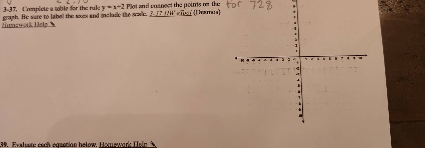 3-37. Complete a table for the rule y=x+2 Plot and connect the points on the 
graph. Be sure to label the axes and include the scale. 3-37 HW eToo! (Desmos) 
Homework Help 
39. Evaluate each equation below. Homework Help