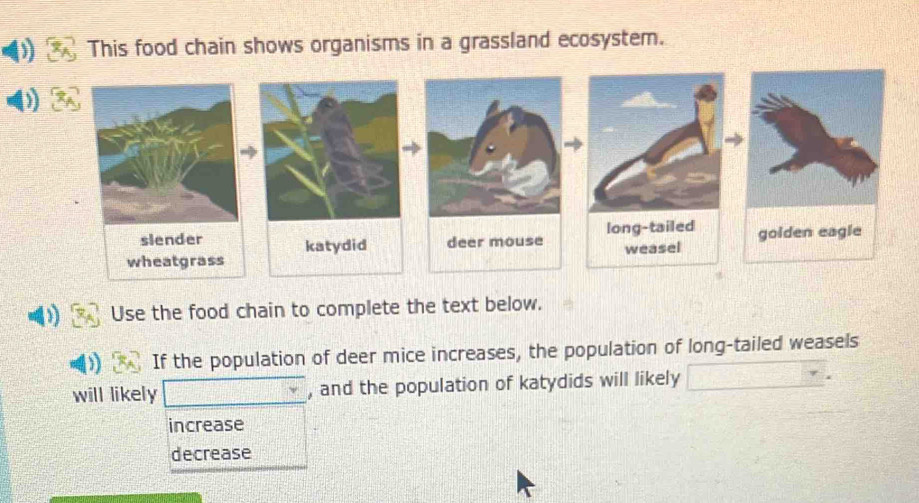 This food chain shows organisms in a grassland ecosystem. 
Use the food chain to complete the text below. 
If the population of deer mice increases, the population of long-tailed weasels 
will likely x^2-1-1-16)=661^circ = □ /□   □^. , and the population of katydids will likely ) □ + 
increase 
decrease