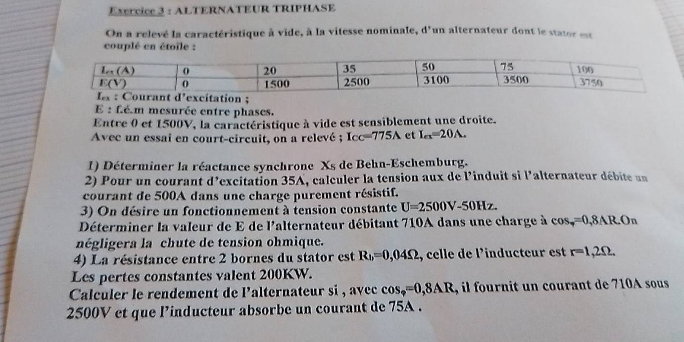 ALTERNATEUR TRIPHASE 
On a relevé la caractéristique à vide, à la vitesse nominale, d° un alternateur dont le stator est 
couplé en étoile : 
ion ; 
E : fé.m mesurée entre phases. 
Entre 0 et 1500V, la caractéristique à vide est sensiblement une droite. 
Avec un essai en court-circuit, on a relevé ; I_CC=775A et I_ex=20A. 
1) Déterminer la réactance synchrone Xs de ehn -Eschemburg. 
2) Pour un courant d'excitation 35A, calculer la tension aux de l'induit si l'alternateur débite un 
courant de 500A dans une charge purement résistif. 
3) On désire un fonctionnement à tension constante U=2500V-50Hz. 
Déterminer la valeur de E de l'alternateur débitant 710A dans une charge à cos _sim =0,8AR.O_n
négligera la chute de tension ohmique. 
4) La résistance entre 2 bornes du stator est R_b=0,04Omega , celle de l'inducteur est r=1,2Omega. 
Les pertes constantes valent 200KW. 
Calculer le rendement de l'alternateur si , avec cos _varphi =0,8AR , il fournit un courant de 710A sous
2500V et que l’inducteur absorbe un courant de 75A.