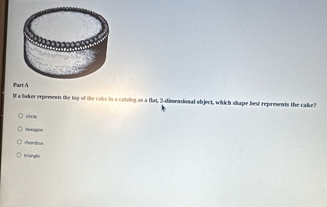 If a baker represents the top of the cake in a catalog as a flat, 2 -dimensional object, which shape best represents the cake?
circle
hexagon
rhombus
triangle