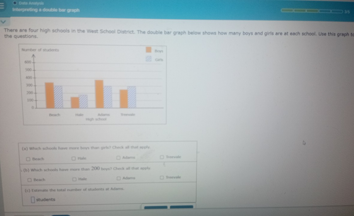 Data Analysis
Interpreting a double bar graph 3/5
There are four high schools in the West School District. The double bar graph below shows how many boys and girls are at each school. Use this graph to
the questions.
(a) Which schools have more boys than girls? Check all that apply.
Beach Hale Adams Treevale
(b) Which schools have more than 200 boys? Check all that apply.
Beach Hale Adams Treevale
(c) Estimate the total number of students at Adams.
students