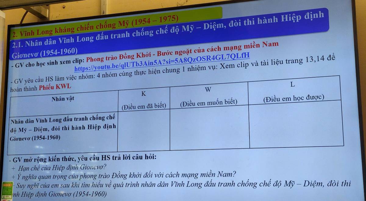 Vĩnh Long kháng chiến chống Mỹ (1954-1975)
2.1. Nhân dân Vĩnh Long đấu tranh chống chế độ Mhat y-D điệm, đòi thi hành Hiệp định 
Gionevo (1954-1960) 
- GV cho học sinh xem clip: Phong trào Đồng Khởi - Bước ngoặt của cách mạng miền Nam 
https://youtu.be/qlUTb3Ain5A? si=5A8QzOS 3R4GL7QLfH 
hiện chung 1 nhiệm vụ: Xem clip và tài liệu trang 13, 14 để 
GV mở rộng kiến thức, yêu cầu HS trả lời câu hỏi: 
+ Hạn chế của Hiệp định Gionevơ? 
+ Ý nghĩa quan trọng của phong trào Đồng khởi đối với cách mạng miền Nam? 
- Suy nghĩ của em sau khi tìm hiểu về quá trình nhân dân Vĩnh Long đấu tranh chống chế độ Mỹ - Diệm, đòi thi 
nh Hiệp định Giơnevơ (1954-1960)