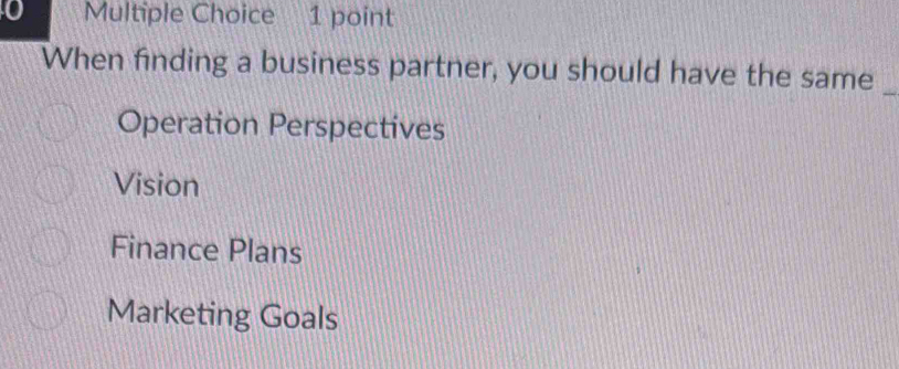 When finding a business partner, you should have the same_
Operation Perspectives
Vision
Finance Plans
Marketing Goals