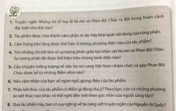 Truyện ngắn Những trò lố hay là Va-ren và Phan Bội Châu ra đời trong hoàn cảnh 
đặc biệt như thế nào? 
2. Tác phẩm được chia thành năm phần rõ rệt. Hãy khái quát nội dung của từng phần. 
3. Cảm hứng trào lộng được thể hiện ở những phương diện nào của tác phẩm? 
4. Tìm những chi tiết làm rõ sự tương phản giữa hai nhân vật Va-ren và Phan Bội Châu. 
Sự tương phản đó được thể hiện trên những bình diện nào? 
5. Câu chuyện tưởng tượng về việc Va-ren sang Việt Nam nhậm chức và gặp Phan Bội 
Châu được kể từ những điểm nhìn nào? 
6. Nêu cảm nhận của bạn về ngôn ngữ, giọng điệu của tác phẩm. 
7. Phần kết thúc của tác phẩm có điểm gì đáng chú ý? Theo bạn, còn có những phương 
án kết thúc nào khác có thể nghĩ đến (xét theo góc nhìn của người sáng tác)? 
8. Qua tác phẩm này, bạn có suy nghĩ gì về tài năng viết truyện ngắn của Nguyễn Ái Quốc?