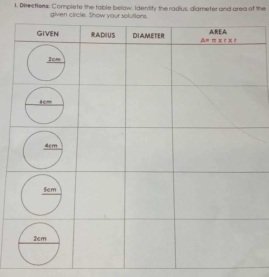 Directions: Complete the table below. Identify the radius, diameter and area of the
given