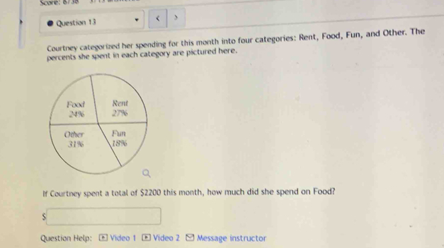 Score: 6736 
Question 13 > 
Courtney categorized her spending for this month into four categories: Rent, Food, Fun, and Other. The 
percents she spent in each category are pictured here. 
If Courtney spent a total of $2200 this month, how much did she spend on Food? 
S 
Question Help: Video 1 * Video 2 [ Message instructor