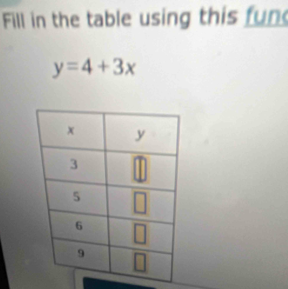 Fill in the table using this fun
y=4+3x