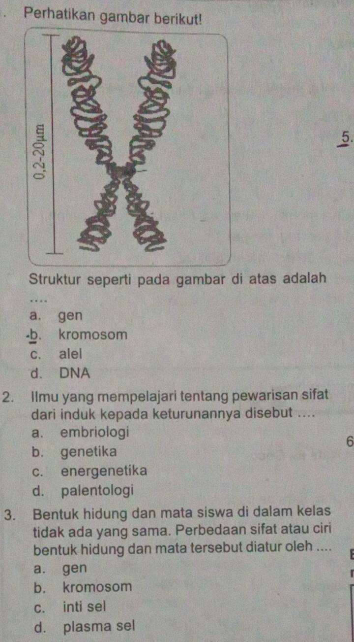 Perhatikan gambar berikut!
5.
Struktur seperti pada gambar di atas adalah
_
a. gen
-b. kromosom
c. alel
d. DNA
2. Ilmu yang mempelajari tentang pewarisan sifat
dari induk kepada keturunannya disebut ....
a. embriologi
6
b. genetika
c. energenetika
d. palentologi
3. Bentuk hidung dan mata siswa di dalam kelas
tidak ada yang sama. Perbedaan sifat atau ciri
bentuk hidung dan mata tersebut diatur oleh ....
a. gen
b. kromosom
c. inti sel
d. plasma sel