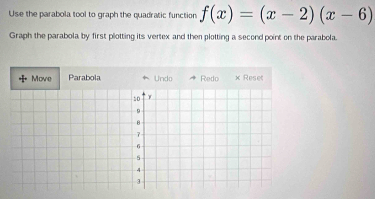 Use the parabola tool to graph the quadratic function f(x)=(x-2)(x-6)
Graph the parabola by first plotting its vertex and then plotting a second point on the parabola.