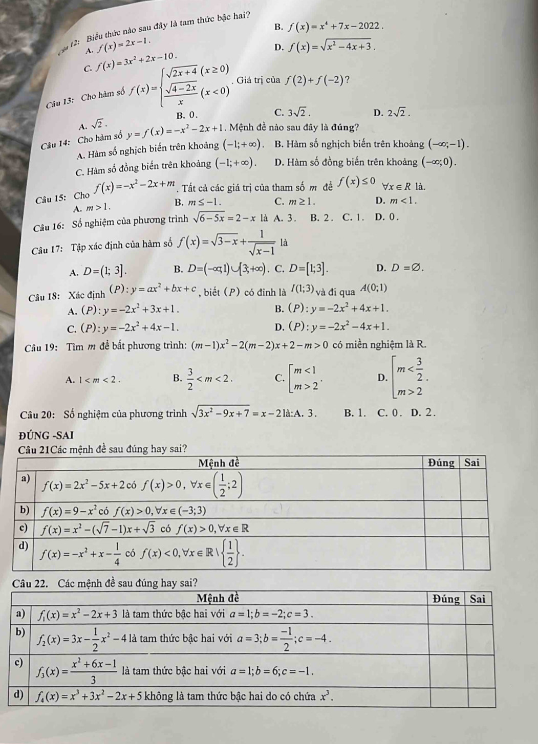 B. f(x)=x^4+7x-2022.
ậ 12: Biểu thức nào sau đây là tam thức bậc hai'.
A. f(x)=2x-1. f(x)=sqrt(x^2-4x+3).
D.
C. f(x)=3x^2+2x-10.
Câu 13: Cho hàm số f(x)=beginarrayl sqrt(2x+4)(x≥ 0)  (sqrt(4-2x))/x (x<0)endarray.. Giá trị của f(2)+f(-2) ？
B.0.
C. 3sqrt(2). D. 2sqrt(2).
A. sqrt(2).
Câu 14: Cho hàm số y=f(x)=-x^2-2x+1. Mệnh đề nào sau đây là đúng?
A. Hàm số nghịch biến trên khoảng (-1;+∈fty ) B. Hàm số nghịch biến trên khoảng (-∈fty ;-1).
C. Hàm số đồng biến trên khoảng (-1;+∈fty ). D. Hàm số đồng biến trên khoảng (-∈fty ;0).
Câu 15: Cho f(x)=-x^2-2x+m. Tất cả các giá trị của tham số m đề f(x)≤ 0 forall x∈ R|a
A. m>1.
B. m≤ -1. C. m≥ 1. D. m<1.
Câu 16: Số nghiệm của phương trình sqrt(6-5x)=2-x là A. 3. B. 2 . C. 1 . D. 0 .
Câu 17: Tập xác định của hàm số f(x)=sqrt(3-x)+ 1/sqrt(x-1)  là
A. D=(1;3]. B. D=(-∈fty ,1)∪ [3;+∈fty ). C. D=[1;3]. D. D=varnothing .
(P):
Câu 18: Xác định y=ax^2+bx+c , biết (P) có đỉnh là I(1;3) và đi qua A(0;1)
A. (P):y=-2x^2+3x+1. B. (P):y=-2x^2+4x+1.
C. (P):y=-2x^2+4x-1. D. (P):y=-2x^2-4x+1.
Câu 19: Tìm m đề bất phương trình: (m-1)x^2-2(m-2)x+2-m>0 có miền nghiệm là R.
A. 1 B.  3/2  C. beginarrayl m<1 m>2endarray. . D. beginarrayl m 2endarray.
Câu 20: Số nghiệm của phương trình sqrt(3x^2-9x+7)=x-2la:A.3. B. 1. C. 0 . D. 2.
ĐÚNG -SAI
h đề sau đúng hay sai?