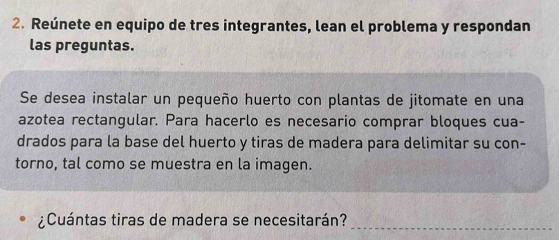 Reúnete en equipo de tres integrantes, lean el problema y respondan 
las preguntas. 
Se desea instalar un pequeño huerto con plantas de jitomate en una 
azotea rectangular. Para hacerlo es necesario comprar bloques cua- 
drados para la base del huerto y tiras de madera para delimitar su con- 
torno, tal como se muestra en la imagen. 
¿Cuántas tiras de madera se necesitarán?_