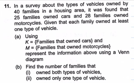 In a survey about the types of vehicles owned by
40 families in a housing area, it was found that
25 families owned cars and 28 families owned 
motorcycles. Given that each family owned at least 
one type of vehicle. 
(a) Using
K= Families that owned cars and
M= Families that owned motorcycles 
represent the information above using a Venn 
diagram 
(b) Find the number of families that 
(i) owned both types of vehicles, 
(ii) owned only one type of vehicle.