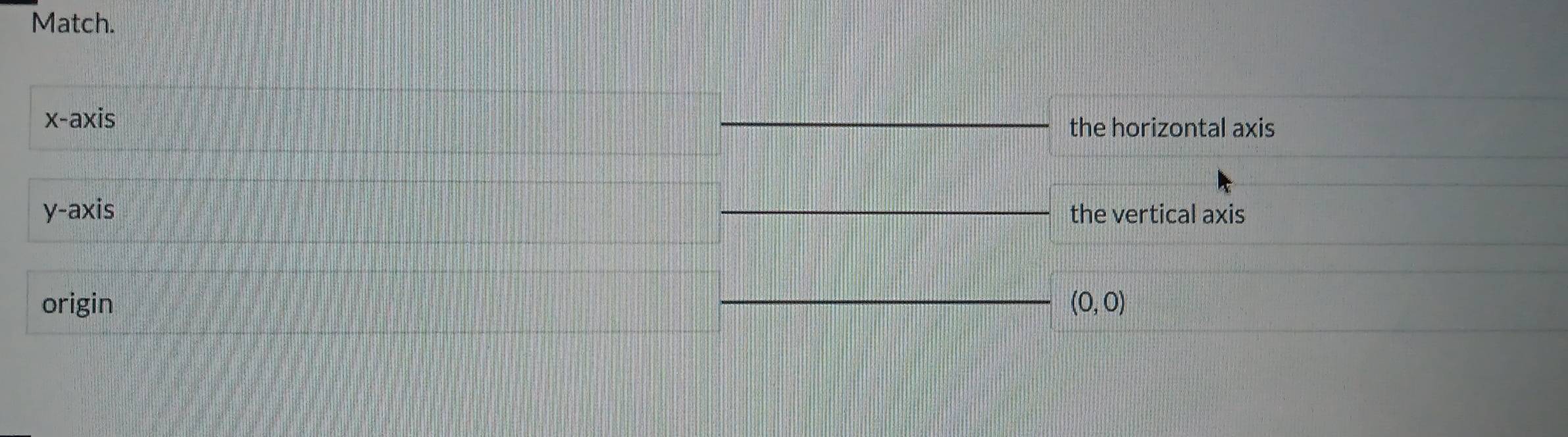 Match.
x-axis
the horizontal axis
y-axis the vertical axis
origin (0,0)