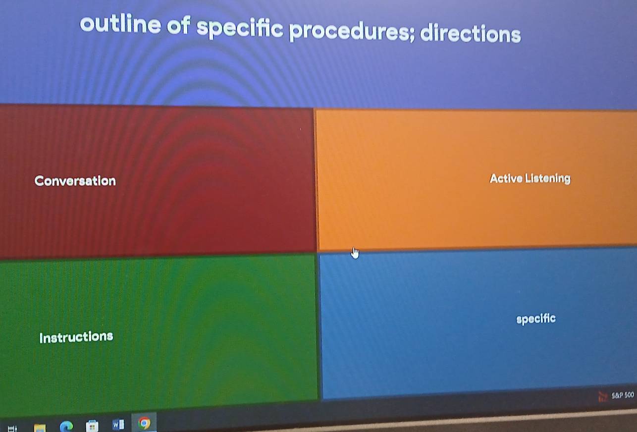 outline of specific procedures; directions 
Conversation Active Listening 
specific 
Instructions 
S& P 500