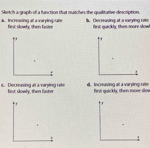 Sketch a graph of a function that matches the qualitative description.
a. Increasing at a varying rate b. Decreasing at a varying rate
first slowly, then faster first quickly, then more slow
y
y.
x
x
c. Decreasing at a varying rate d. Increasing at a varying rate
first slowly, then faster first quickly, then more slow
y
y
x
x