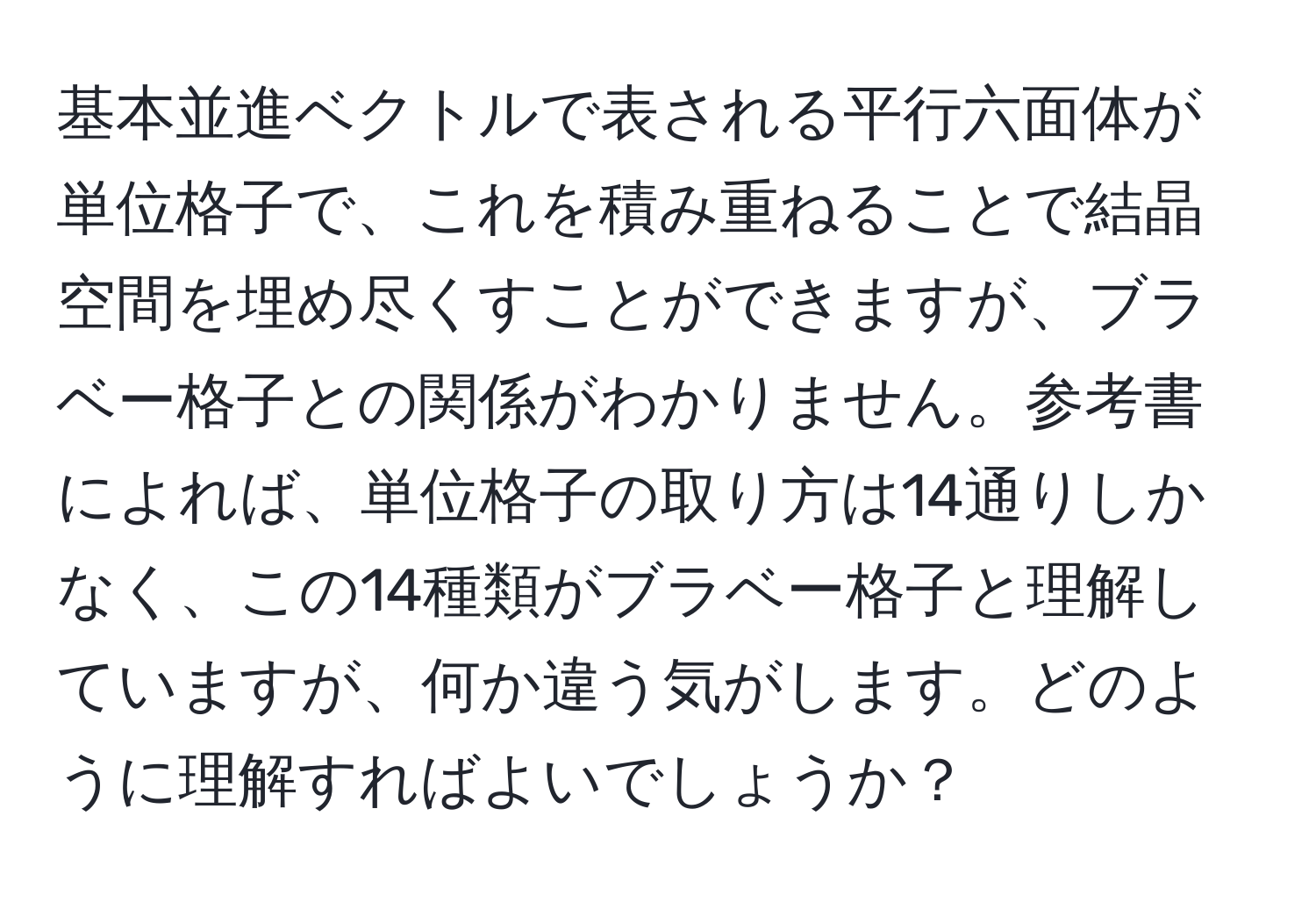 基本並進ベクトルで表される平行六面体が単位格子で、これを積み重ねることで結晶空間を埋め尽くすことができますが、ブラベー格子との関係がわかりません。参考書によれば、単位格子の取り方は14通りしかなく、この14種類がブラベー格子と理解していますが、何か違う気がします。どのように理解すればよいでしょうか？