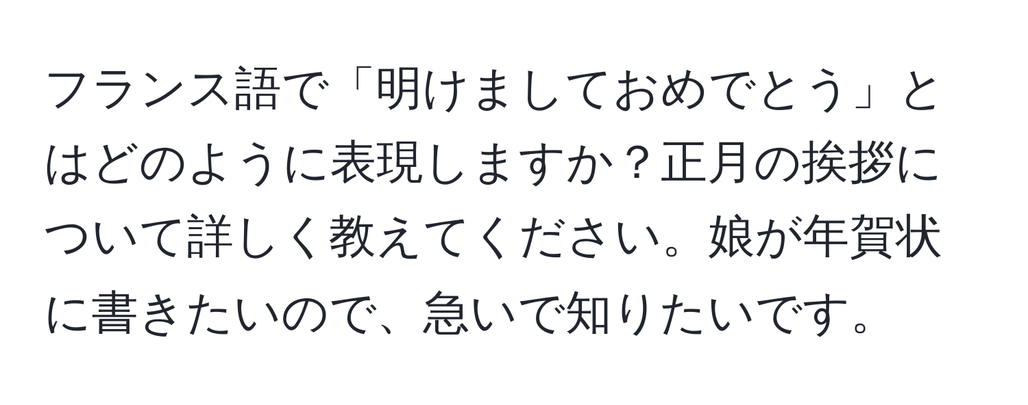 フランス語で「明けましておめでとう」とはどのように表現しますか？正月の挨拶について詳しく教えてください。娘が年賀状に書きたいので、急いで知りたいです。