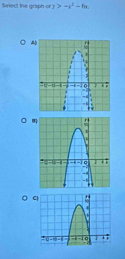 Select the graph of y>-x^2-6x.
A
B)
C