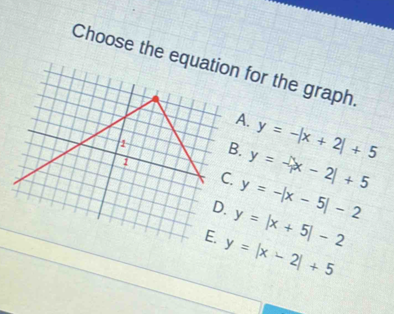 Choose the eqn for the graph.
A. y=-|x+2|+5
B. y=-|x-2endvmatrix +5
C. y=-|x-5|-2
y=|x+5|-2
y=|x-2|+5