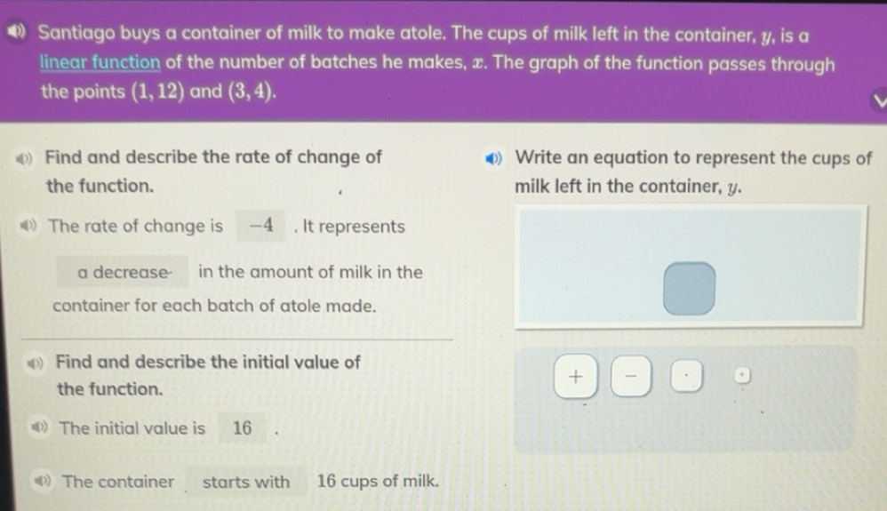 Solved: Santiago buys a container of milk to make atole. The cups of ...