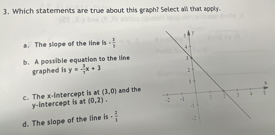 Which statements are true about this graph? Select all that apply.
a. The slope of the line is - 3/2 
b. A possible equation to the line
graphed is y=- 3/2 x+3
c. The x-intercept is at (3,0) and the
y-intercept is at (0,2).
d. The slope of the line is - 2/3 